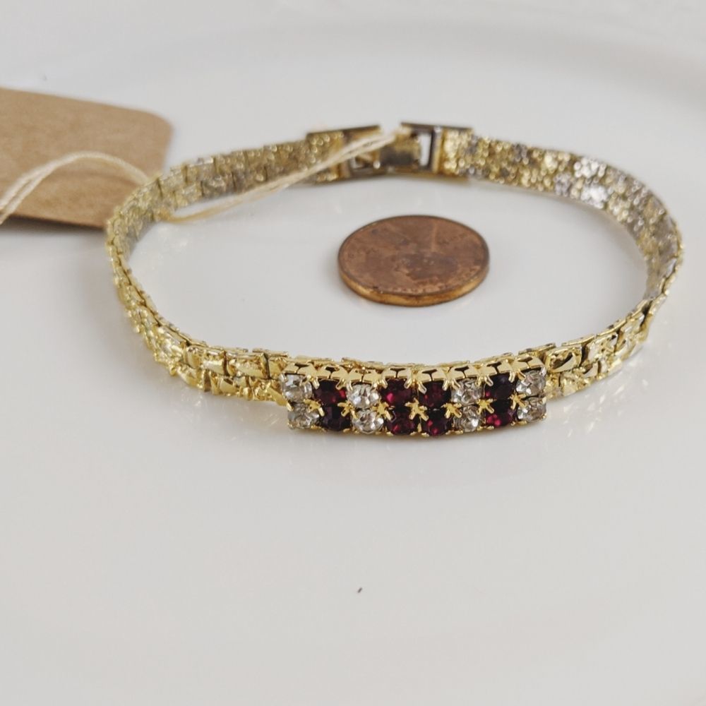 Vintage Gold Plated Ruby CZ Diamond Cut Bracelet